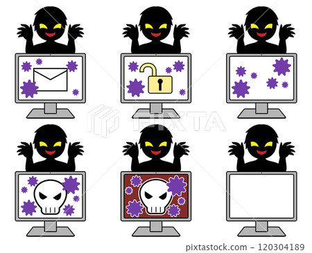 A set of images of a hacker and an infected computer 120304189