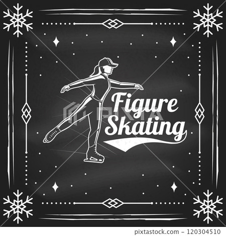 Ice Skate club flyer, poster, banner on the chalkboard. Concept for shirt or logo, print, stamp or tee with ice skater girl. Winter sport. Vector illustration. Ice Skate club flyer, poster, banner on the chalkboard. Concept for shirt or logo, print, stamp or tee with ice skater girl. Winter sport. Vector illustration. 120304510