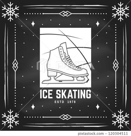 Set of Ice Skate club flyer, poster, banner on the chalkboard. Concept for shirt or logo, print, stamp or tee with skate, skates blades and helmet . Winter sport. Vector illustration. Set of Ice Skate club flyer, poster, banner on the chalkboard. Concept for shirt or logo, print, stamp or tee with skate, skates blades and helmet . Winter sport. Vector illustration. 120304511
