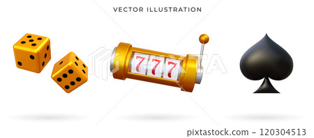 Golden gambling dice, slot machine and spades suit. Vector illustration. Game slot, dice cubes and spades suit concept. Realistic 3d icon for casino and gambling industry Golden gambling dice, slot machine and spades suit. Vector illustration. Game slot, dice cubes and spades suit concept. Realistic 3d icon for casino and gambling industry 120304513