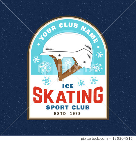 Ice Skate club logo, badge patch design. Concept for shirt or logo, print, stamp or tee with helmet for ice skating . Winter sport. Vector illustration Ice Skate club logo, badge patch design. Concept for shirt or logo, print, stamp or tee with helmet for ice skating . Winter sport. Vector illustration 120304515