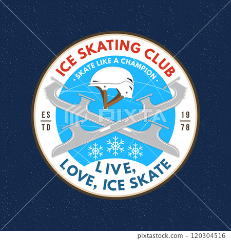 Ice Skate academy logo, badge patch design. Concept for shirt or logo, print, stamp or tee with skates blades and helmet . Winter sport. Vector illustration. Ice Skate academy logo, badge patch design. Concept for shirt or logo, print, stamp or tee with skates blades and helmet . Winter sport. Vector illustration. 120304516