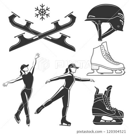 Set of Ice Skate monochrome icon. Set include ice skate, skates blades, helmet, figure skaters silhouette. Winter sport. Vector illustration. 120304521