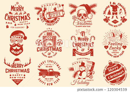Set of Lucky Christmas casino night. Vintage print, logo, badge design with santa claus, casino dice, fireplace, poker playing card, slot machines and sweet candy cane. Vector illustration 120304539