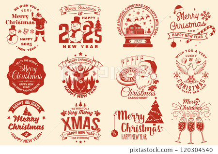 Set of Lucky Christmas casino night. Vintage print, logo, badge design with santa claus, casino dice, snowman, poker playing card, slot machines and sweet candy cane. Vector illustration. Set of Lucky Christmas casino night. Vintage print, logo, badge design with santa claus, casino dice, snowman, poker playing card, slot machines and sweet candy cane. Vector illustration. 120304540