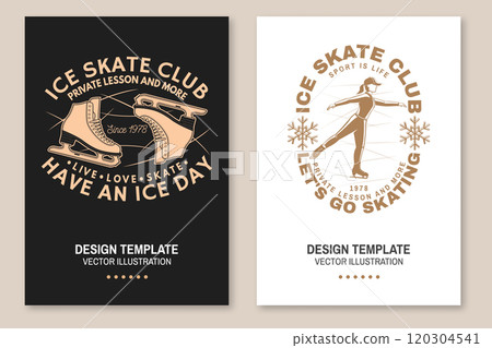 Set of Ice Skate club flyer, poster, banner. Concept for shirt or logo, print, stamp or tee with skate, skates blades and helmet . Winter sport. Vector illustration. 120304541