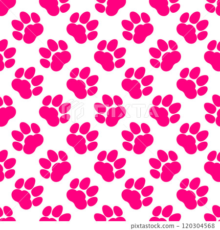 Pink paw print seamless repeating background pattern. Cat or dog footprints. Vector illustration. Pink paw print seamless repeating background pattern. Cat or dog footprints. Vector illustration. 120304568