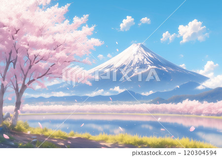 Watercolor illustration of cherry blossoms, Mt. Fuji and blue sky. Image of spring in Japan. 120304594
