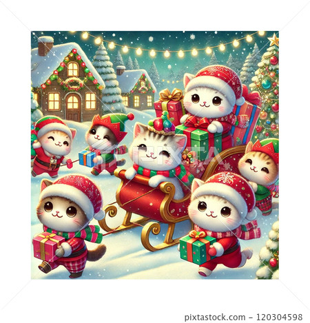 乘坐雪橇運送聖誕禮物的貓 - Santa Cats Generative AI 120304598