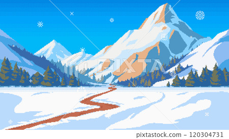 Winter pixel art, sunlit mountain ranges covered with snow. Retro video-game style 16-bit vector illustration. 120304731