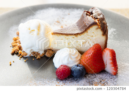 Delicious cheesecake, ice cream and fruit dessert plate Delicious cheesecake, ice cream and fruit dessert plate 120304784