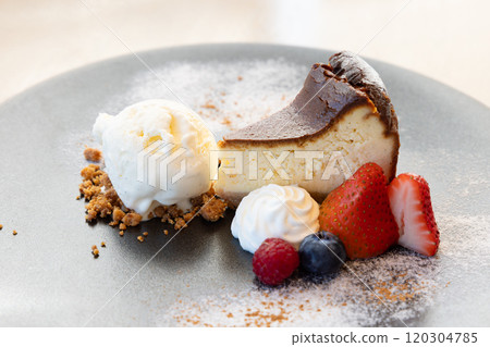 甜點盤配有美味的起司蛋糕、冰淇淋和水果 甜點盤配有美味的起司蛋糕、冰淇淋和水果 120304785