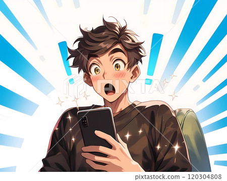 年輕人驚訝地看著他的智慧型手機螢幕 120304808