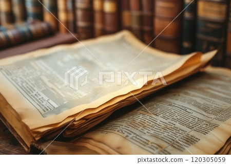 Collection of old newspapers books are laid out on wooden surface in vintage library, highlighting historical articles with faded yellowed pages rich textures. 120305059