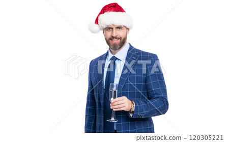 Businessman drink champagne in corporate Christmas party. Celebrate New Year. Merry Christmas. Business man in Santa Claus hat celebrating and cheering. Party fun. Businessman at holiday 120305221