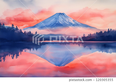 用水彩表現的紅富士與日落景象 - 和平的日本風景藝術 120305355
