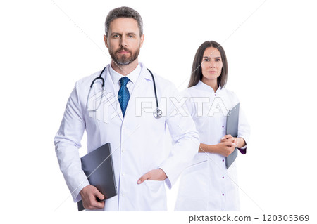medical and healthcare workers in hospital isolated on white. two doctors internist in medicine service. Health insurance. healthcare and medicine. Medicine doctor has clipboard. physical examination medical and healthcare workers in hospital isolated on white. two doctors internist in medicine service. Health insurance. healthcare and medicine. Medicine doctor has clipboard. physical examination 120305369
