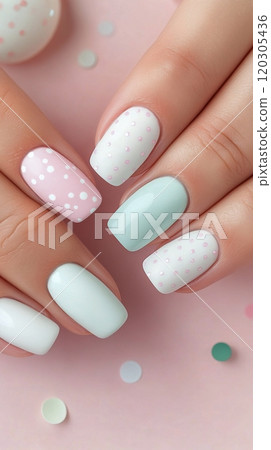 Trendy pastel nail art with polka dots in soft colors for spring season celebration Trendy pastel nail art with polka dots in soft colors for spring season celebration 120305436