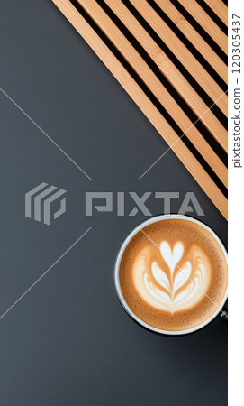 Artfully crafted latte with heart design on a blue wooden table during a cozy morning 120305437