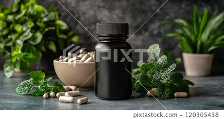 Natural supplements on a table with green plants and a bowl of capsules in a wellness setting Natural supplements on a table with green plants and a bowl of capsules in a wellness setting 120305438