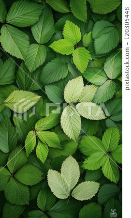 Various shades of green leaves create a lush texture on the forest floor during daytime in spring 120305448