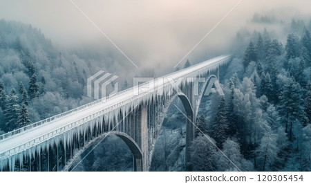 A snowy bridge crossing over a foggy valley surrounded by pine trees in winter A snowy bridge crossing over a foggy valley surrounded by pine trees in winter 120305454