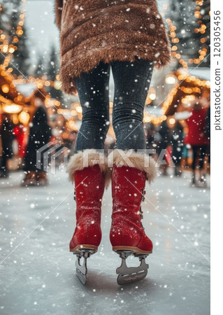 Skater glides on ice in festive winter market adorned with lights and a Christmas tree 120305456