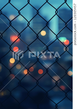 Urban night view through chain link fence with blurred city lights in the background 120305457