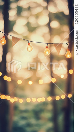 Twinkling lights create a festive atmosphere in a garden setting during evening hours 120305458