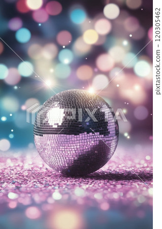 A colorful disco ball reflecting light in a vibrant party atmosphere 120305462