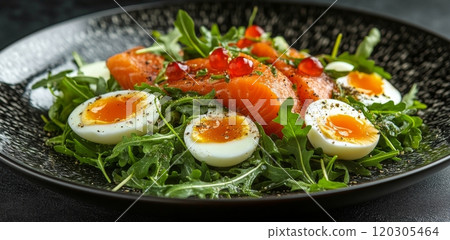 Fresh salmon salad served with arugula, cherry tomatoes, and soft boiled eggs on a black plate 120305464