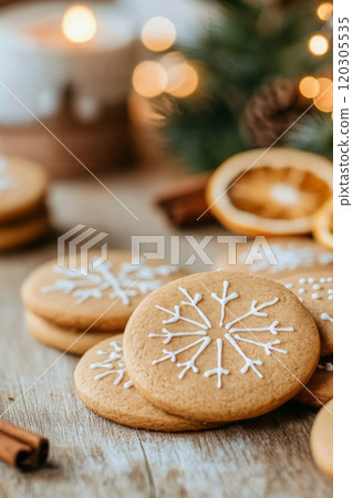 Festively decorated gingerbread cookies with winter spices, displayed beautifully 120305535