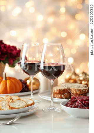 Elegant dining setup with wine glasses, bread, and seasonal decorations in cozy ambient lighting 120305536
