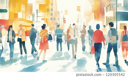 Abstract watercolor illustration of diverse people walking along a city street Abstract watercolor illustration of diverse people walking along a city street 120305542