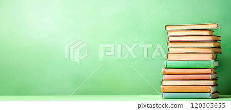 Colorful Stacked Books on a Green Background 120305655