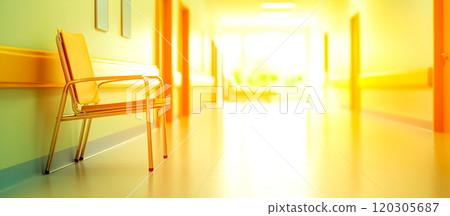 Bright Hospital Corridor with Empty Chair 120305687