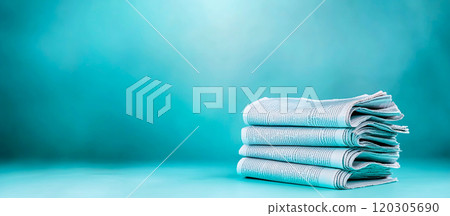 Stacked Newspapers on Turquoise Background 120305690