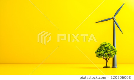 Green Energy with Wind Turbine and Tree on Yellow Background Green Energy with Wind Turbine and Tree on Yellow Background 120306008