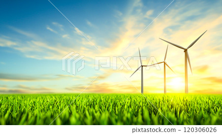 Wind Turbines in Green Field Under Bright Sky Wind Turbines in Green Field Under Bright Sky 120306026