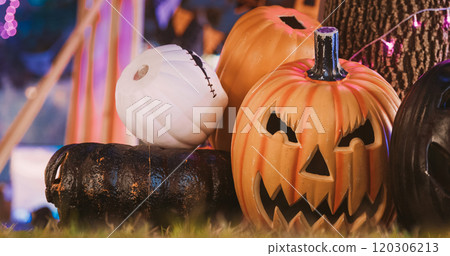 Halloween Holiday. Halloween Jack-o-lantern Pumpkins Tradition. Halloween Background With Lantern And Pumpkin On Grass. Concept Halloween Decoration With Glowing Jack O Lantern And Candle Lamp Halloween Holiday. Halloween Jack-o-lantern Pumpkins Tradition. Halloween Background With Lantern And Pumpkin On Grass. Concept Halloween Decoration With Glowing Jack O Lantern And Candle Lamp 120306213