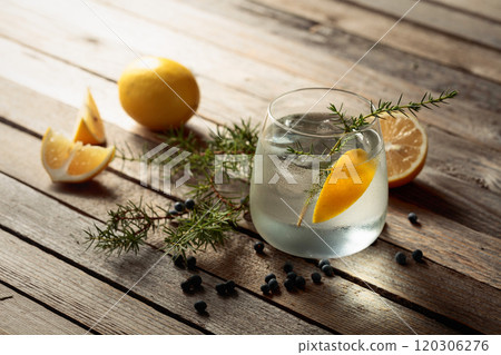 Alcohol drink (gin tonic cocktail) with lemon, juniper branch, and ice on rustic wooden table. Alcohol drink (gin tonic cocktail) with lemon, juniper branch, and ice on rustic wooden table. 120306276