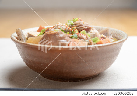 豆腐、胡蘿蔔、蘿蔔和蒟蒻燉內臟 豆腐、胡蘿蔔、蘿蔔和蒟蒻燉內臟 120306292