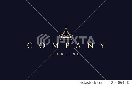 Vector golden logo with an abstract image of the moon with rays in a triangle. Vector golden logo with an abstract image of the moon with rays in a triangle. 120306428