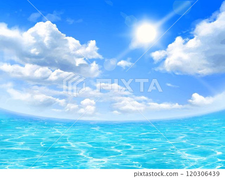 藍天白雲、陽光和波光粼粼的海浪 — 美麗的夏日圖像框架插畫素材 120306439