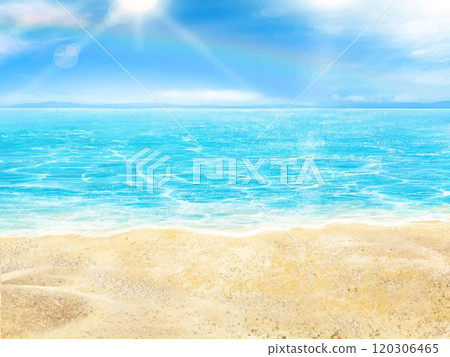 夏日沙灘與天空彩虹-藍天海雲美麗框架插畫背景素材 120306465