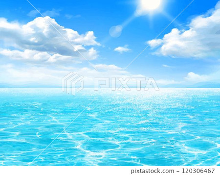 Blue sky with clouds and the sun and the rippling waves of the sea - Beautiful frame illustration material for summer images 120306467