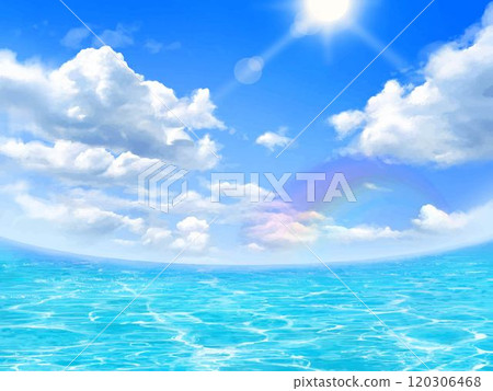 Blue sky with clouds and the sun and the rippling waves of the sea - Beautiful frame illustration material for summer images 120306468