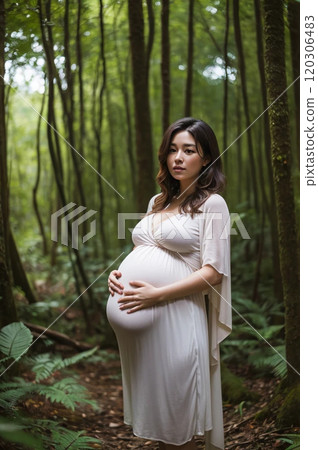 Pregnant woman taking forest bath 120306483