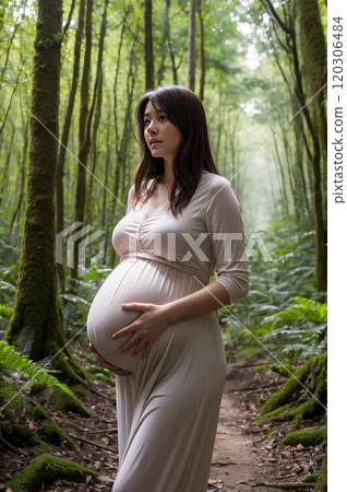 Pregnant woman taking forest bath 120306484
