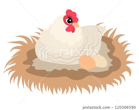 Farm Animals. Cute farm. A white hen sits in a nest with eggs. Collection of farm animals. Baby flat vector illustration. 120306590